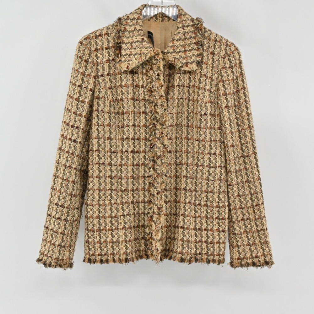 Vtg DANA BUCHMAN Womens Tweed Blazer Size 6 Brown Preppy Plaid‎ Fringe Jacket